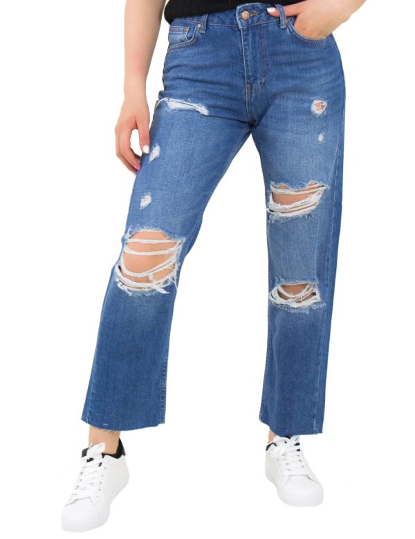 Γυναικείο μπλε τζιν παντελόνι ψηλόμεσο Straight Fit