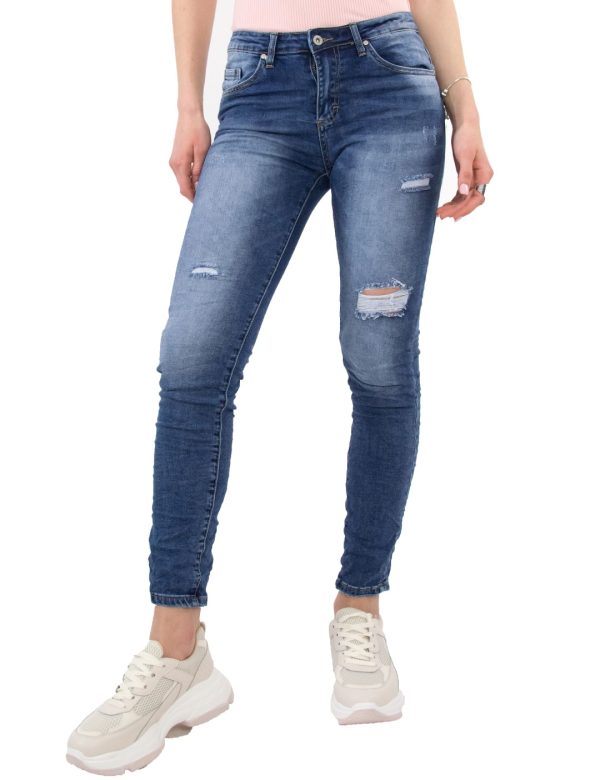 Γυναικείο μπλε τζιν παντελόνι σωλήνας με φθορές