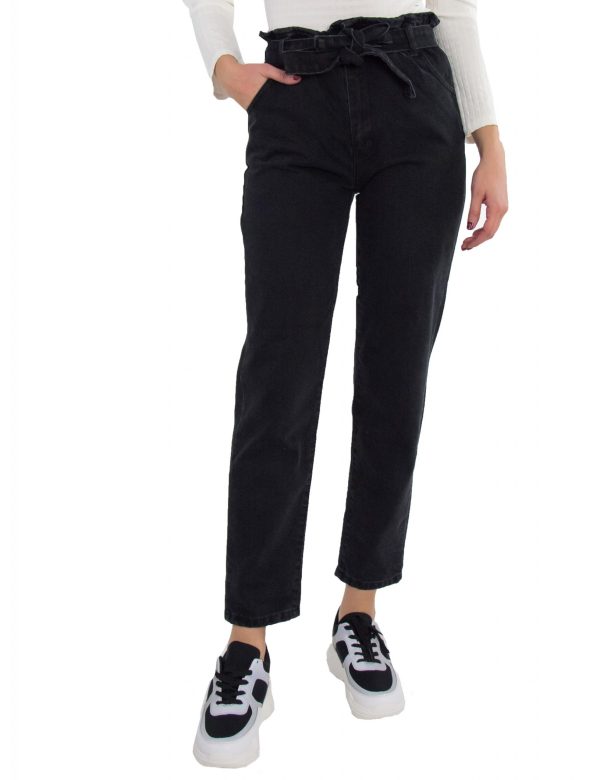 Γυναικείο μαύρο τζιν παντελόνι Mom Fit λάστιχο τσέπες