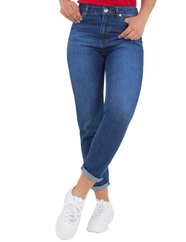 Γυναικείο μπλε τζιν παντελόνι Mom Fit ξεβάμματα