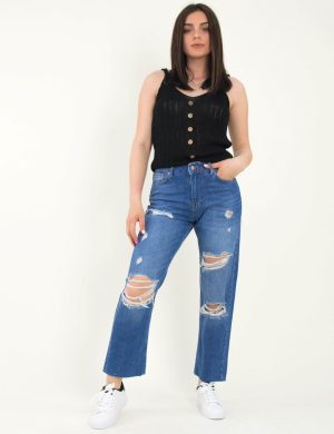 Γυναικείο μπλε τζιν παντελόνι ψηλόμεσο Straight Fit 5683