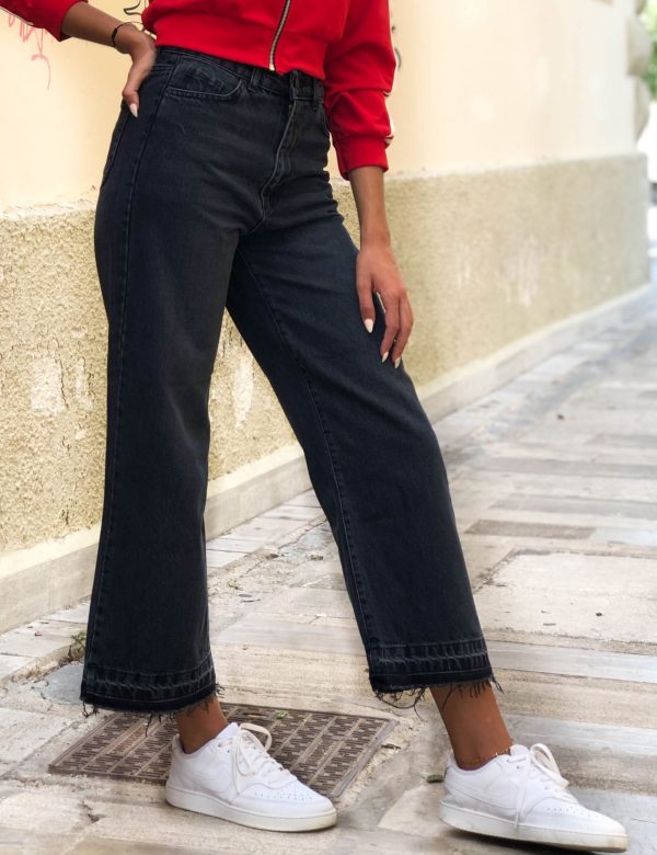 Γυναικείο ανθρακί Wide Leg τζιν με ξέβαμμα και ξέφτια