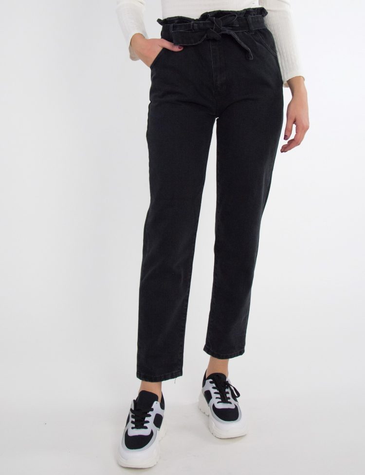 Γυναικείο μαύρο τζιν παντελόνι Mom Fit λάστιχο τσέπες LE4210