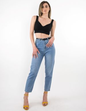 Γυναικείο χλώριο ψηλόμεσο τζιν Mom Fit με ζωνάκι X778