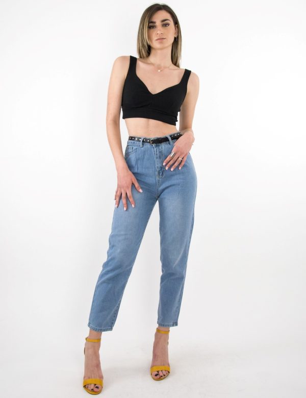 Γυναικείο χλώριο ψηλόμεσο τζιν Mom Fit με ζωνάκι X778