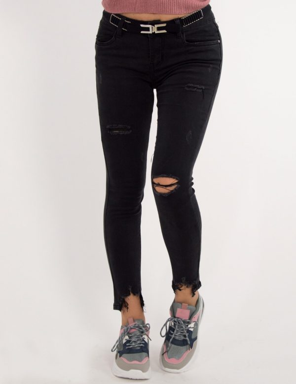 Γυναικείο μαύρο τζιν ελαστικό παντελόνι με ξέφτια