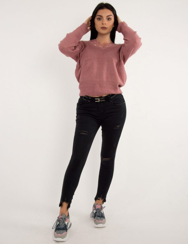 Γυναικείο μαύρο τζιν ελαστικό παντελόνι με ξέφτια DM9117