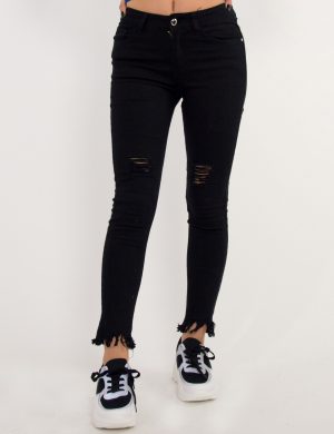 Γυναικείο μαύρο τζιν παντελόνι σωλήνας με ξέφτια DM6217
