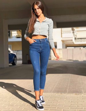 Γυναικείο μπλε ψηλόμεσο τζιν σωλήνας με φθορές RW580053