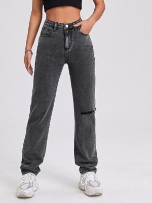 Ανθρακί γκρι ψηλόμεσο τζιν με σκισίματα στα γόνατα Ανθρακί γκρι ψηλόμεσο τζιν με σκισίματα στα γόνατα