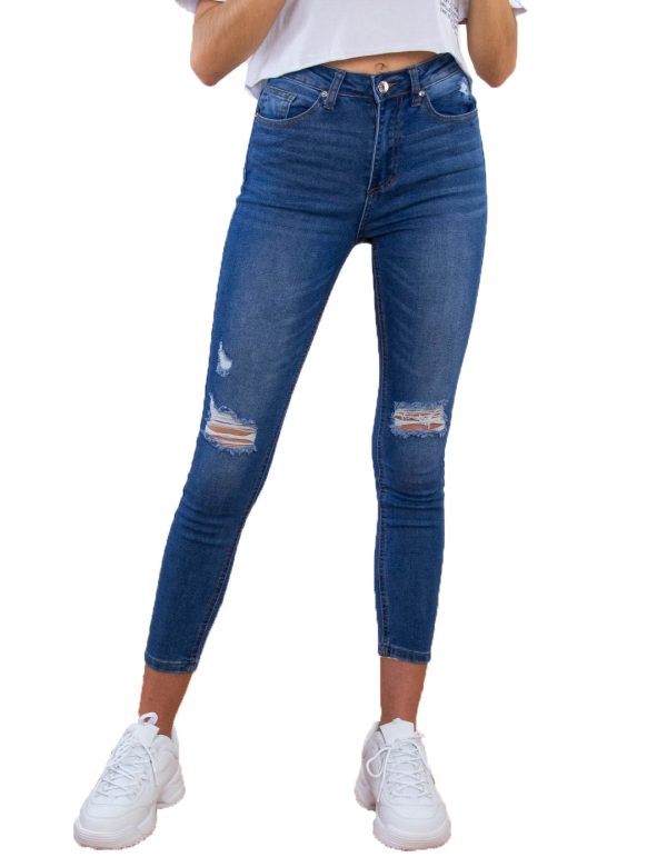 Γυναικείο μπλε τζιν παντελόνι με σκίσιμο