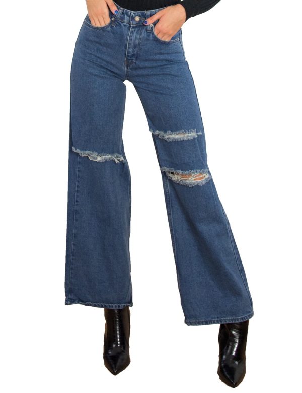 Γυναικείο μπλέ Wide Leg τζιν με σκίσιμο