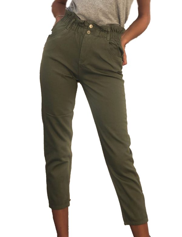 Γυναικείο χακί τζιν ψηλόμεσο με λάστιχο