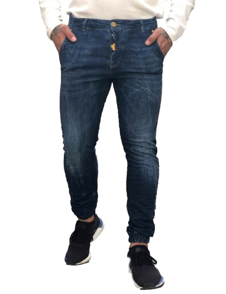 Ανδρικό μπλε τζιν παντελόνι με λάστιχο και ξεβάμματα Profil 1