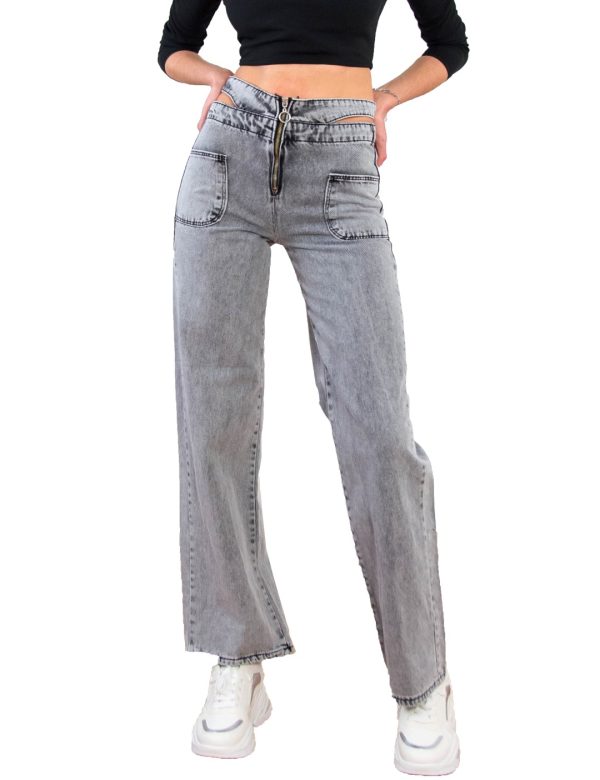 Γυναικείο γκρι τζιν παντελόνι Denim με άνοιγμα