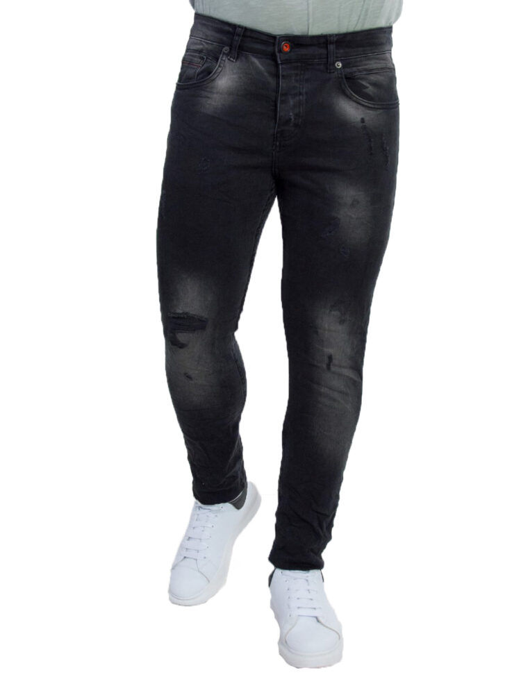 Ανδρικό μαύρο τζιν παντελόνι με φθορές 1