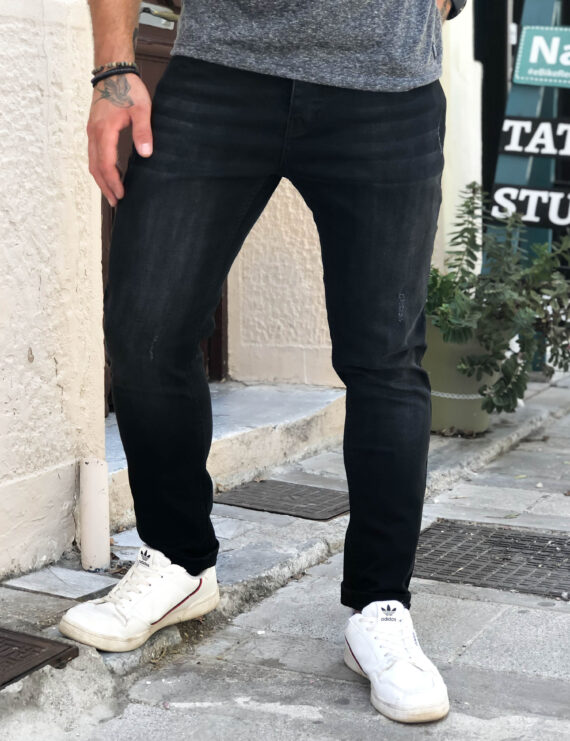 Ανδρικό μαύρο τζιν παντελόνι με ξέβαμμα και φθορές