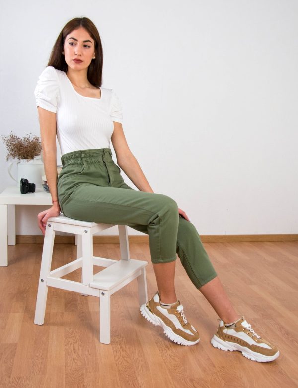 Γυναικείο χακί τζιν ψηλόμεσο με λάστιχο