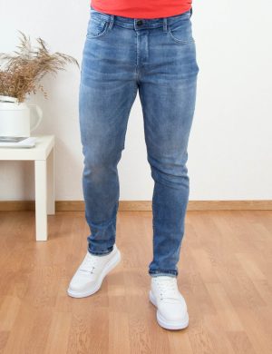 Ανδρικό μπλε χλώριο ελαστικό τζιν παντελόνι με ξεβάμματα