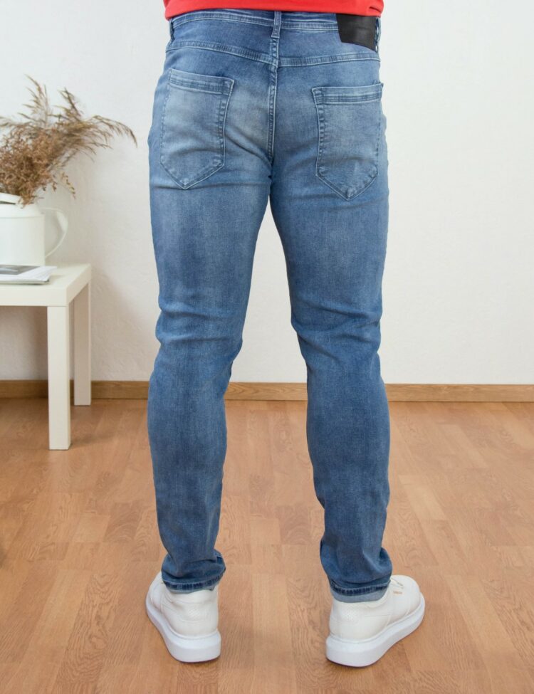 Ανδρικό μπλε χλώριο ελαστικό τζιν παντελόνι με ξεβάμματα 1