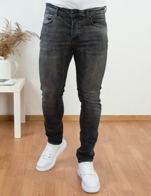 Ανδρικό γκρι ελαστικό τζιν παντελόνι με ξεβάμματα Ανδρικό γκρι ελαστικό τζιν παντελόνι με ξεβάμματα