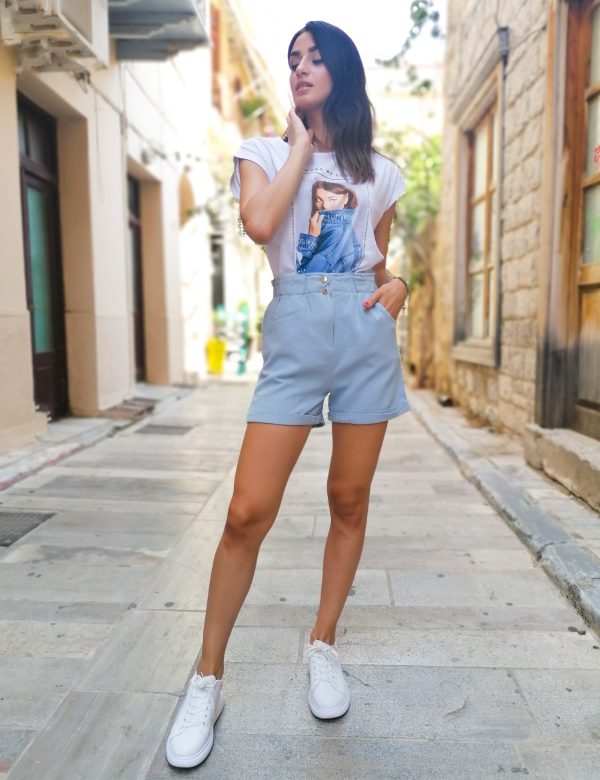 Γυναικείο baby blue ψηλόμεσο τζιν σορτς με λάστιχο