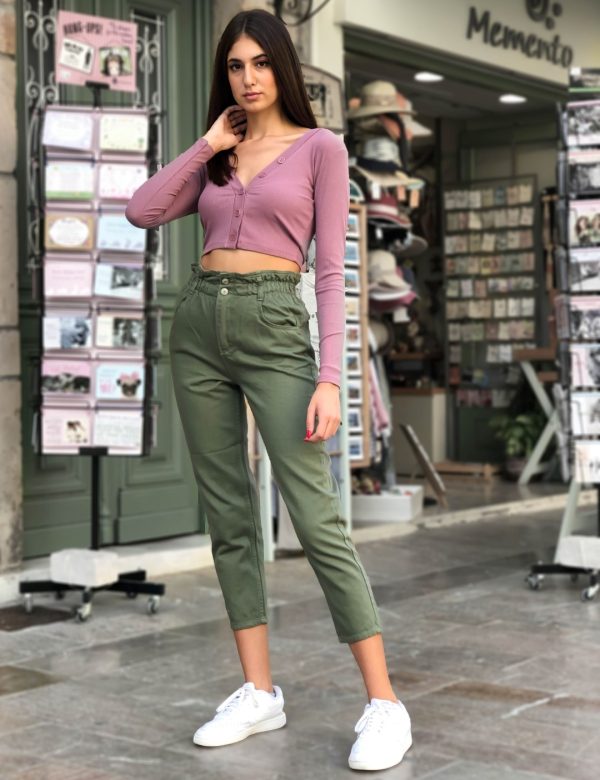 Γυναικείο χακί τζιν ψηλόμεσο με λάστιχο