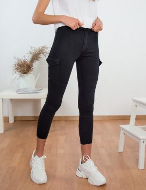 Γυναικείο μαύρο τζιν σωλήνας ελαστικό cargo τσέπες