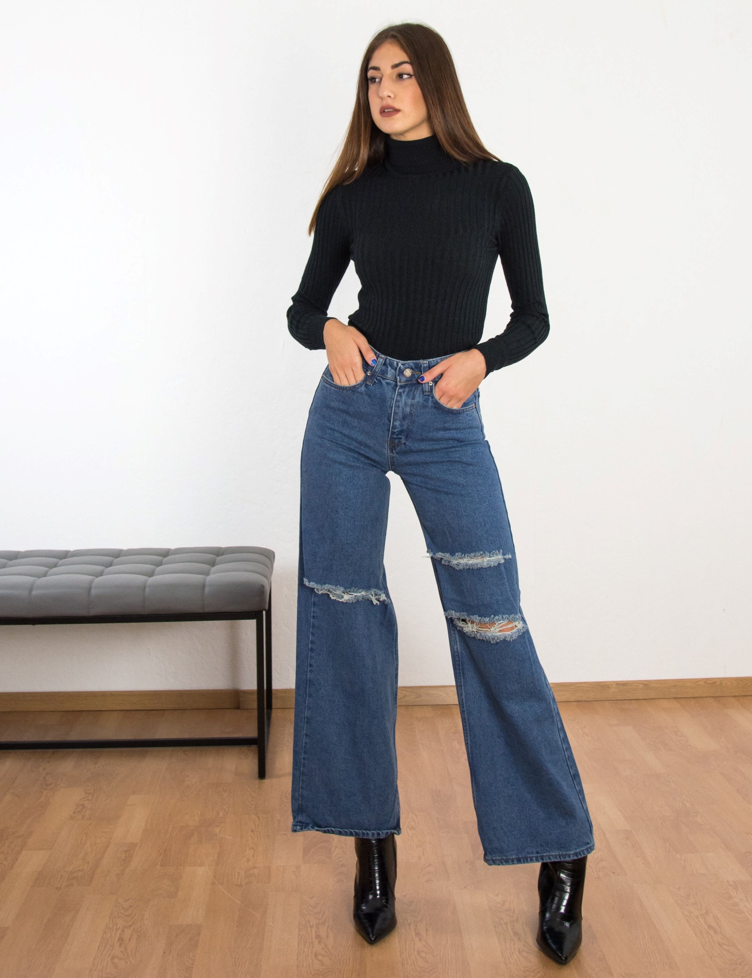 Γυναικείο μπλέ Wide Leg τζιν με σκίσιμο Γυναικείο μπλέ Wide Leg τζιν με σκίσιμο 2