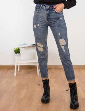 Γυναικείο μπλε ψηλόμεσο τζιν με σκισίματα