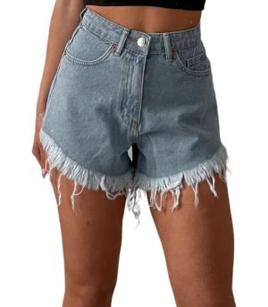 Τζιν σορτς ψηλόμεσο με ξέφτια (Μπλε)