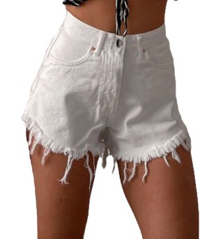 Τζιν σορτς ψηλόμεσο με ξέφτια (Λευκό)