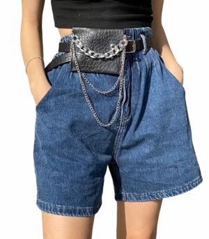 Τζιν σορτς ψηλόμεσο με λάστιχο στο πίσω μέρος (Μπλε)