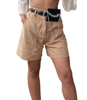 Τζιν σορτς ψηλόμεσο με λάστιχο στο πίσω μέρος (Μπεζ)