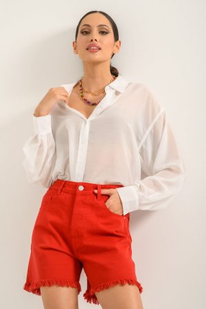 Ντένιμ βερμούδα σορτς με ξέφτια (RED) Ντένιμ βερμούδα σορτς με ξέφτια (RED)