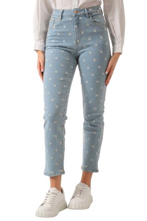 Mom fit ντένιμ με κεντητές μαργαρίτες (LIGHT BLUE)