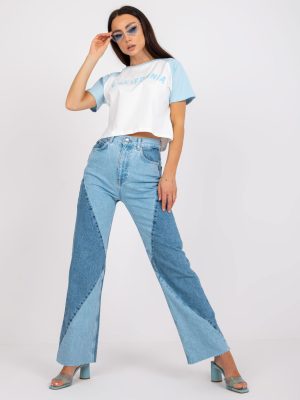 Μπλε Wide Legs Jean Παντελονι Με Διχρωμια