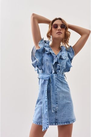 Μπλε Jean Μινι Φορεμα Με Βολαν