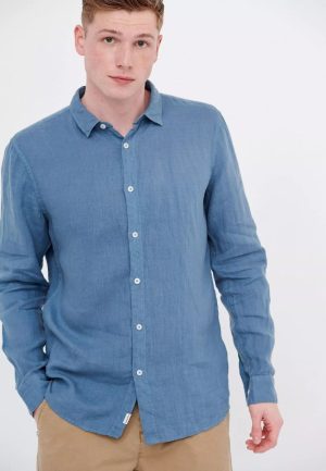 Funky Buddha Ανδρικό Essential λινό πουκάμισο FBM-- Μπλέ