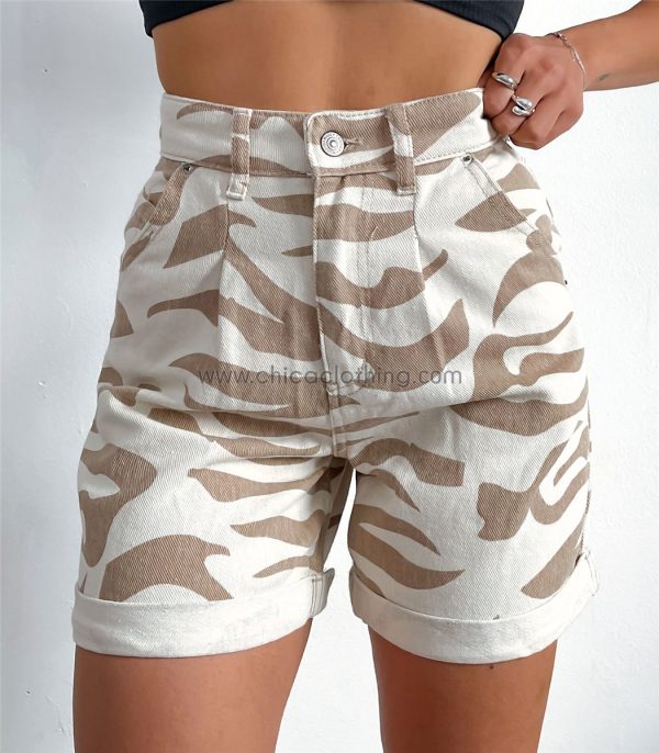 Τζιν σορτς ψηλόμεσο ζεβρέ (Μπεζ)