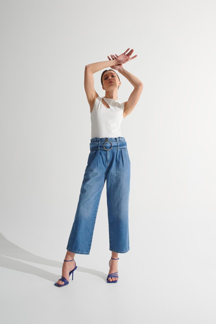 Τζιν High Waist Tapered Fit Με Ζωνη Denim