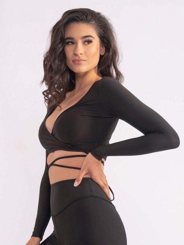 Carrie Μαύρο Μακρυμάνικο crop τοπ κρουαζέ με κορδόνι που δένει και μπροστά.
