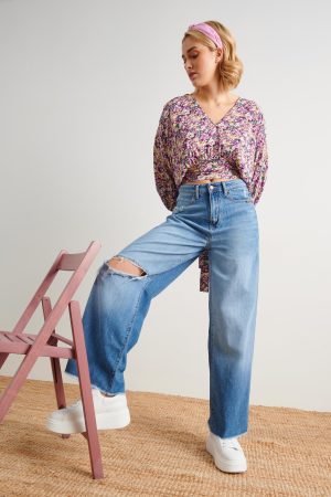 Παντελόνι τζιν wide leg fit BLUE