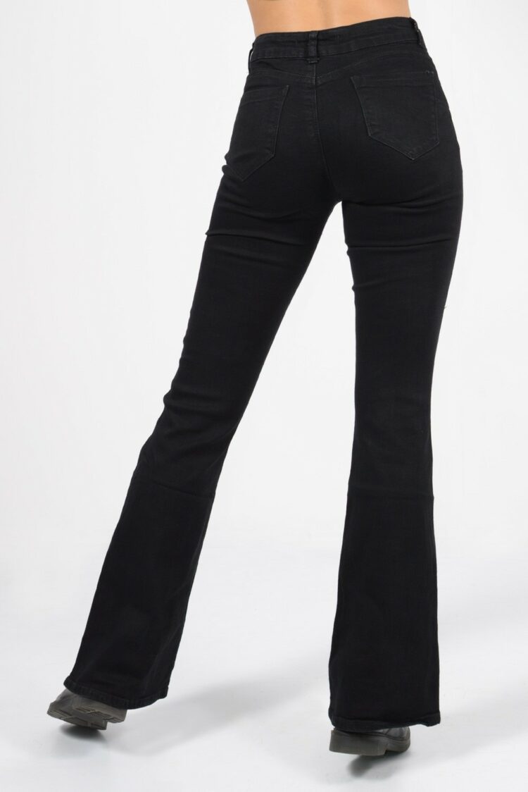 Ψηλόμεσο παντελόνι καμπάνα με τσέπες, σε μαύρο χρώμα 2