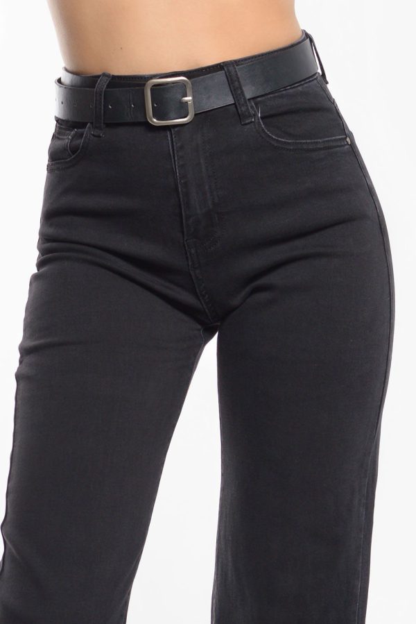 Ψηλόμεσο Τζιν με Ζώνη από Δερματίνη Μαύρο