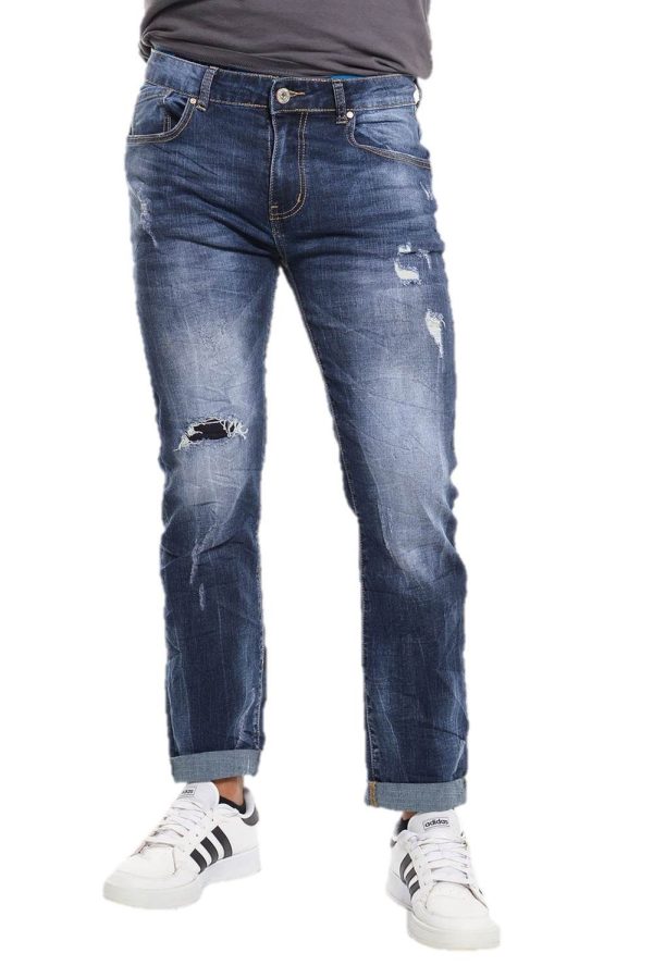 Ανδρικό Τζιν Παντελόνι Ξεβαμμένο με Φθορές Μπλε