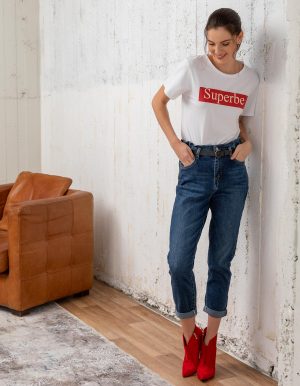 Denim ψηλόμεσο παντελόνι με ζώνη - Μπλε Denim ψηλόμεσο παντελόνι με ζώνη - Μπλε