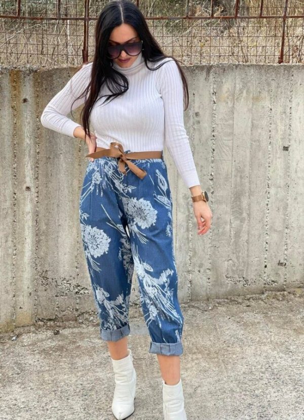 Floral jean παντελόνα με λάστιχο στη μέση