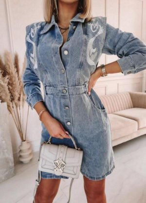 Jean φόρεμα με κουμπιά και σχέδιο δαντέλα - Μπλε