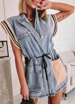 Jean φόρεμα μεσάτο με φούτερ λεπτομέρειες - Μπλε Jean φόρεμα μεσάτο με φούτερ λεπτομέρειες - Μπλε